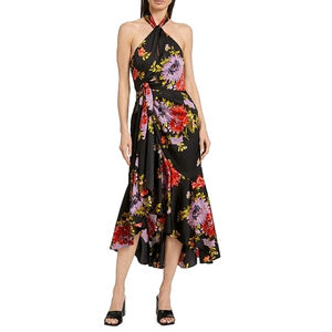 Cinq à Sept Josie Floral High-Low Halterneck Dress Black Multi Sz 6 $465 NWT
